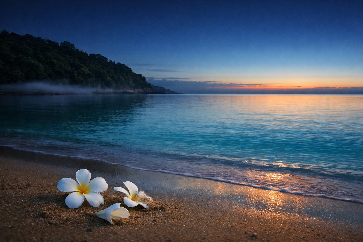 Serene Noosa coastline at dawn with frangipani flowers on the sand
