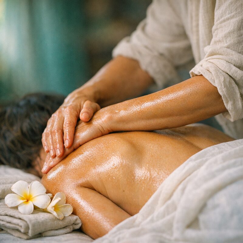 Hawaiian Lomi Lomi massage with flowing forearm strokes and frangipani flowers