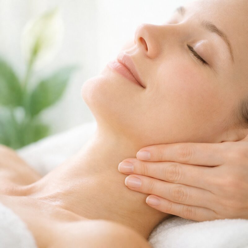 Gentle lymphatic drainage massage along the neck and jawline