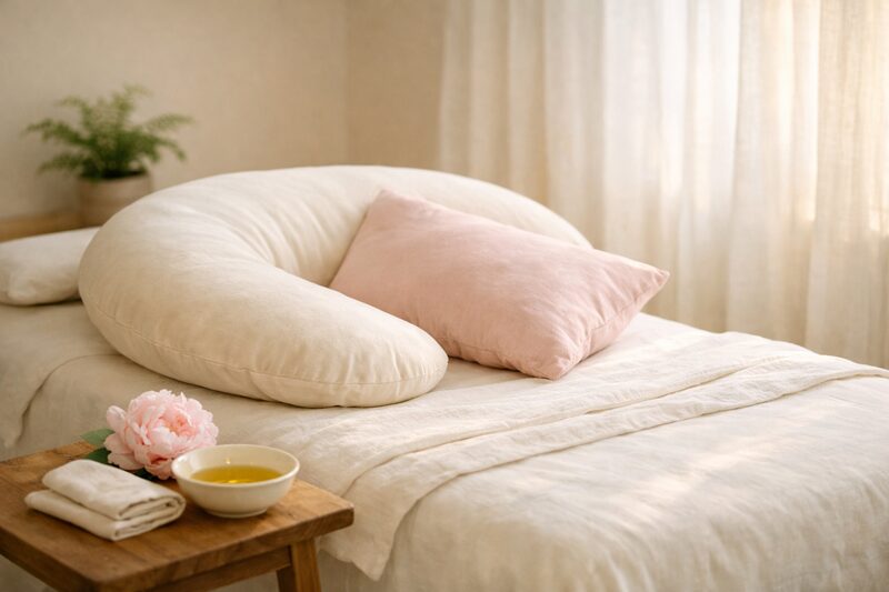 Nurturing pregnancy massage setup with supportive pillows and warm lighting