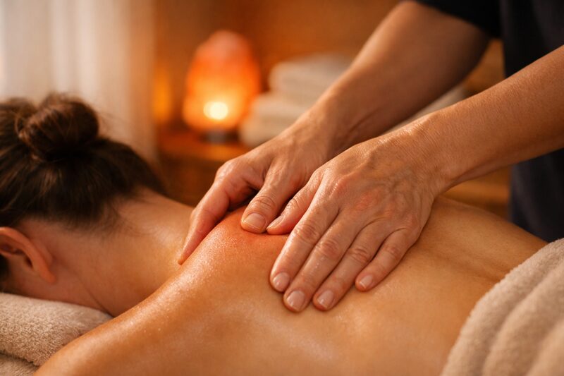 Deep tissue remedial massage with therapist applying focused pressure to upper back
